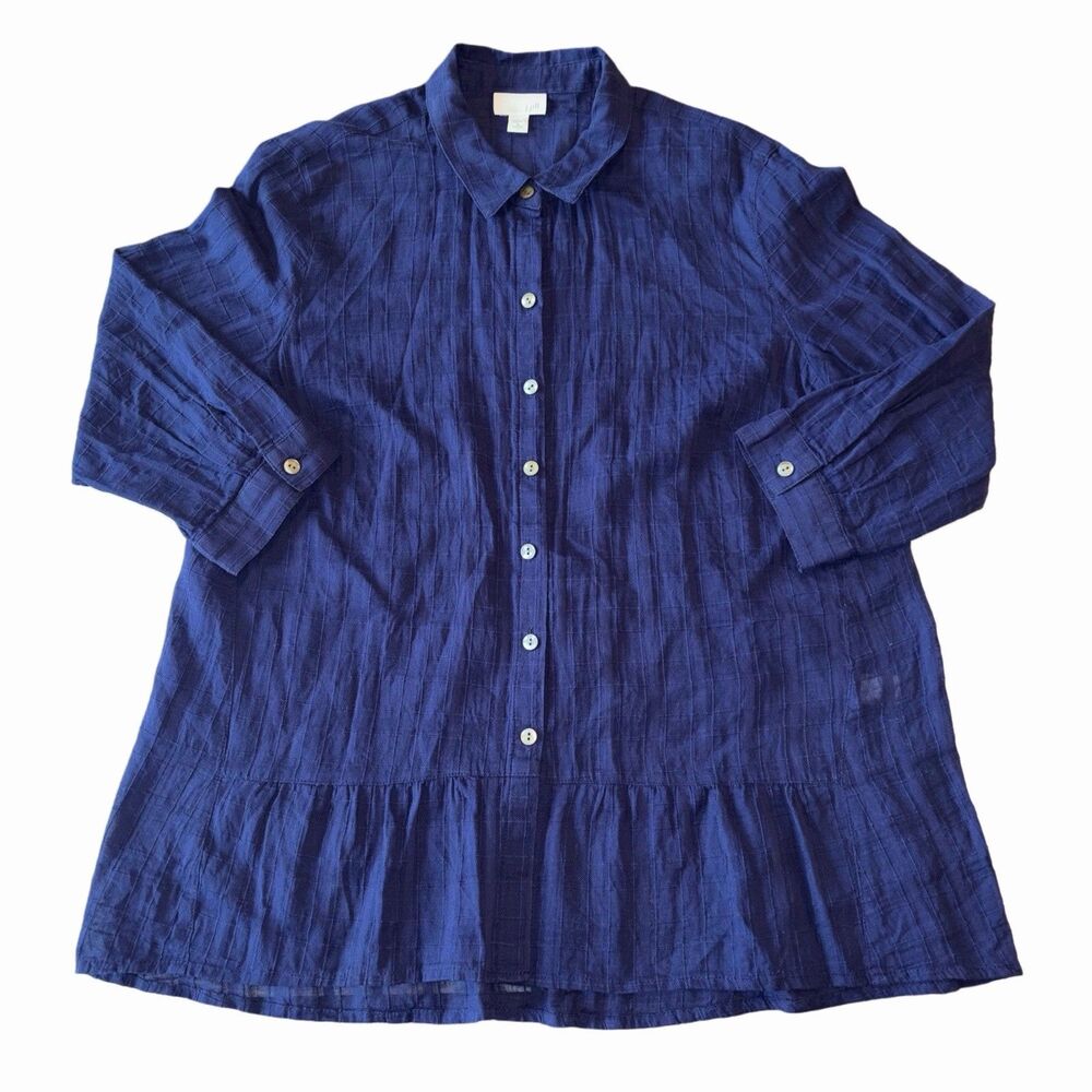 J Jill  Oversized Button Tunic Blouse Navy Blue Cotton 3/4 Sleeve Size Petite M